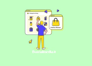 A digital illustration of a user setting up e-commerce categories for fashion and lifestyle products.