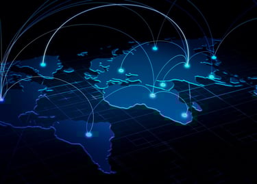Digital blue world map showing global network connections and data communication lines across continents.