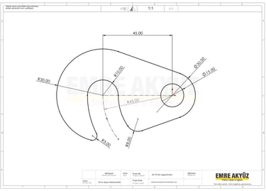 teknik resim örneği, 2 boyutlu teknik resim, 2 boyutlu dairesel teknik resim, kanca resmi