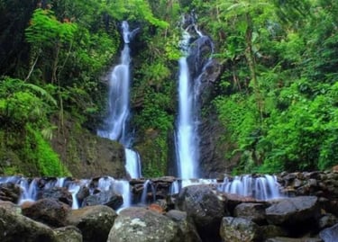 Aliran air terjun Curug Cilember yang jernih jatuh ke kolam alami, dikelilingi hutan pinus rindang dan vegetasi hijau, cocok 