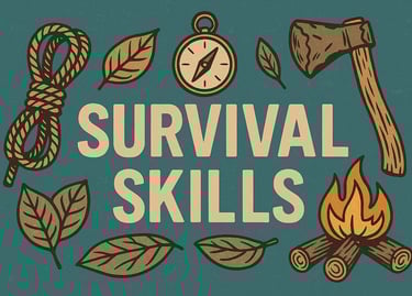 Survival skills category image with rope compass fire axe and leaves representing core wilderness training and bushcraft