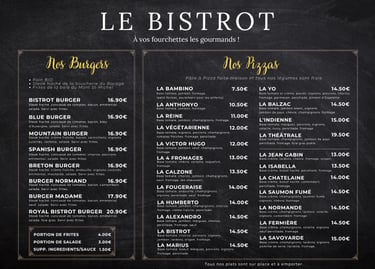 Menu des pizzas et burger du restaurant Le Bistrot