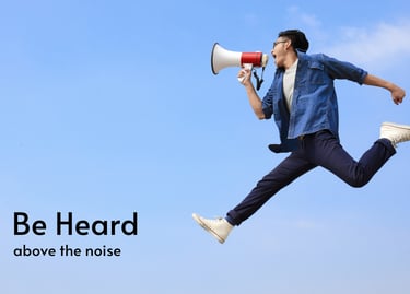 Man leaping through sky shouting out his audio commercial with a megaphone 