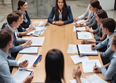 a group of people sitting around a table, in a meeting led by a female leader