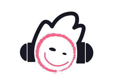 Grafika z okrągłą uśmiechniętą buźką, narysowaną czerwoną kredką, w czarnych słuchawkach. 