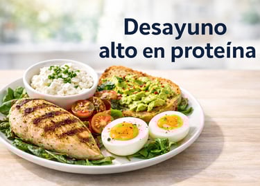 desayuno alto en proteína con pollo a la plancha, huevos cocidos, aguacate y queso cottage en un pla