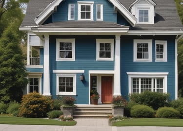 A painter carefully applying a fresh coat of vibrant blue paint to an exterior wall.