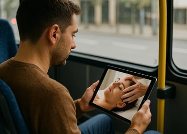 Personne regardant une vidéo de massage du visage sur une tablette dans un bus.