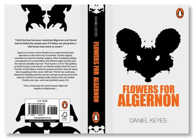 Flowers for Algernon book cover by Daniel Keyes featuring a black inkblot mouse on a white background.
