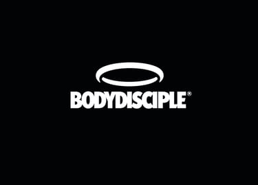 White Body Disciple fitness logo with a halo icon on a solid black background.