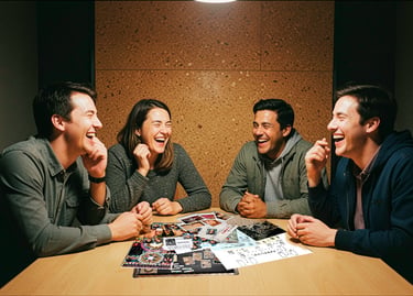 Jugadores riendo con caso detective en casa