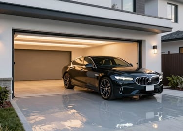 Polyaspartic garage floor coating with decorative finish in modern residential garage