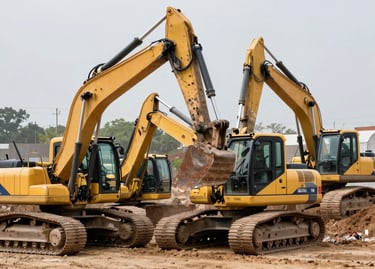 Heavy machinery like excavators and cranes in action.