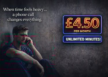 A lonely man on a phone call with unlimited minutes for £4.50 per month on a neon sign.