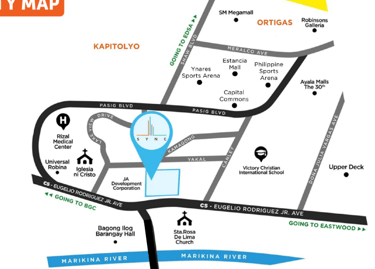 Vicinity map of SYNC real estate in Pasig City near C5 Road, Ortigas, and BGC.