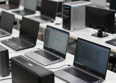 Modern office setup showing a repaired monitor displaying vibrant graphics.