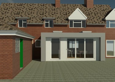3D digital image of single story rear extension for terrace house