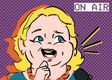 A woman holding talking, on air sign.