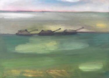 Borders: tanks passing fields oil painting by Lina Mikuzyte