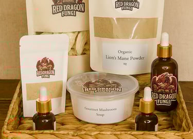 Red Dragon Fungi products including Lion’s Mane powder, soap and tinctures