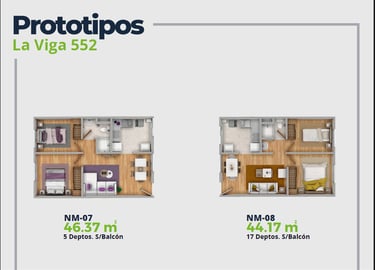 LV52 Características Depto.  Plano con 2 recamaras, sala comedor, baño y cocina. 46 a 44 m2