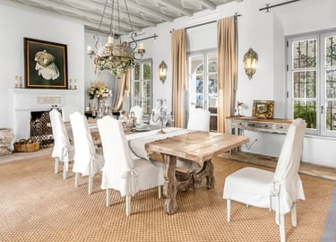 Dining room at Finca Santa Katerina with traditional furniture and chandelier