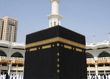 A serene view of pilgrims walking towards the Grand Mosque under a clear blue sky.