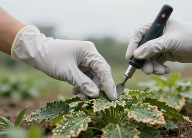 Gloved hands using a precision tool to inspect diseased plant leaves in an agricultural field.