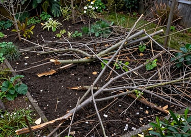 Fallen tree branches and garden debris scattered over dark soil in a backyard flower bed.