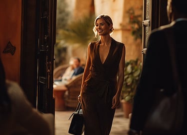 A guest entering the hotel lobby, smiling. 