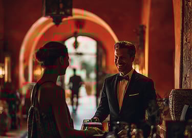 A guest standing at the counter in a hotel lobby. She is being greeted by an attentive staff member.