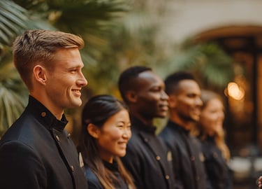 A group of hotel staff members standing aligned in a row, attentively listening.