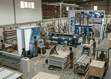 Custom exhibition stand builders constructing trade show booths in a large manufacturing workshop.