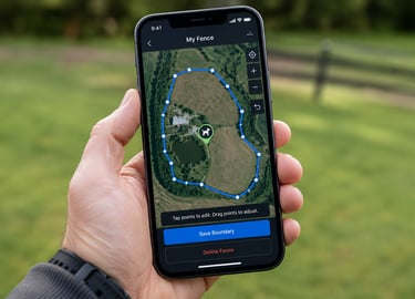 Hand holding smartphone displaying GPS boundary map for custom dog fence and property tracking.