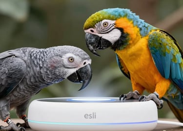 A Blue and Gold Macaw and an African Grey parrot interact with a smart home device on a wooden surface.