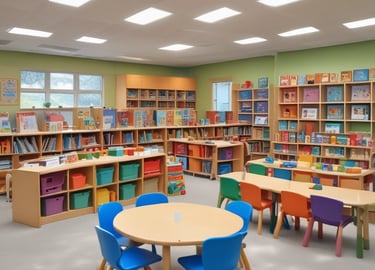 A colorful classroom filled with educational toys and furniture.