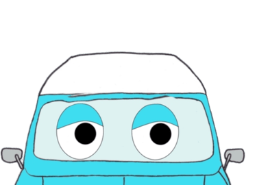 a cartoon car with big eyes looking up to the right