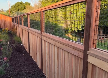 Wood fencing with wire mesh top panel.