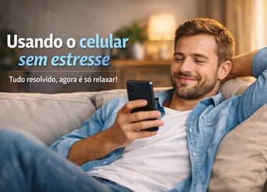 um homem sentado em um sofá com um celular