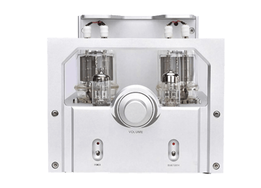 a silver - plated amplifier with two silver - plated tubes