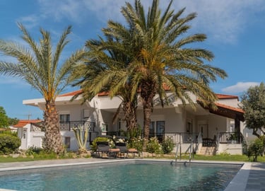 Luxury villa with private swimming pool, palm trees, and outdoor lounge chairs under a clear blue sky.
