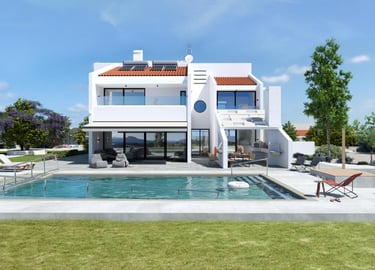 Modern luxury villa with a private swimming pool, outdoor patio, and solar panels under a clear blue sky.