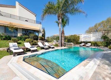 Luxury villa backyard with a clear blue swimming pool, lounge chairs, and palm tree.