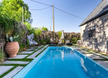 Luxury backyard swimming pool with lounge chairs, a hanging chair, and lush tropical landscaping.
