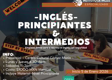 Promotional flyer for beginner and intermediate English classes starting January 2026 in Querétaro.
