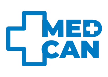 Blue Medcan healthcare logo featuring a medical cross icon on a black background.