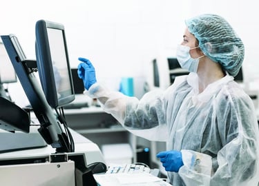 gowned and gloved female doctor interfacing with medical equipment