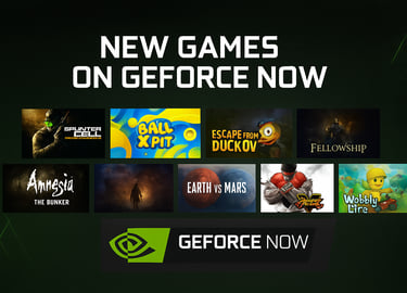 “GeForce NOW October 2025 update banner showcasing new games like Splinter Cell, Ball X Pit, and Amnesia: The Bunker with Nvi