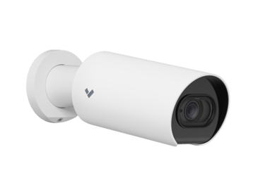 Verkada CB62 AI-powered 4K bullet security camera with long-range zoom lens, mounted for outdoor commercial surveillance