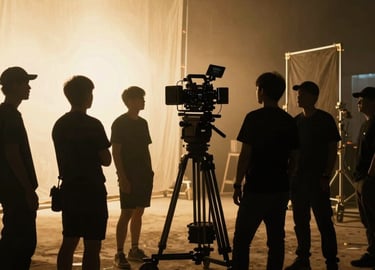 A vibrant behind-the-scenes shot of a film crew capturing an energetic outdoor challenge event.